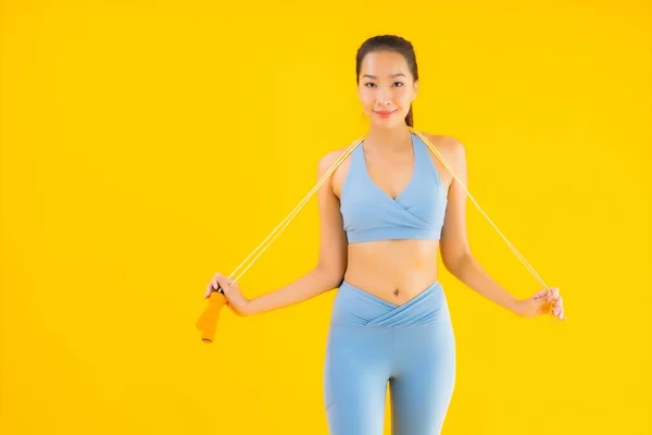 Porträt Schöne Junge Asiatische Frau Tragen Sportbekleidung Mit Seil Bereit — Stockfoto