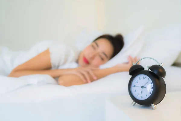 Portrait Beautiful Young Asian Woman Sleep Bed Clock Bedroom Interior — Stock Photo, Image