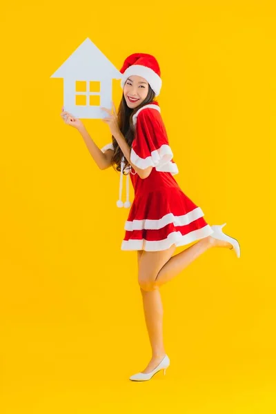 Retrato Bonito Jovem Asiático Mulher Desgaste Natal Roupas Chapéu Mostrar — Fotografia de Stock