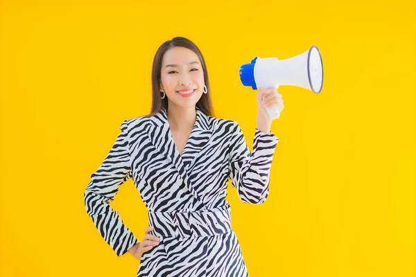 Portrait Beautiful Young Asian Woman Smile Happy Megaphone Yellow Isolated — Stock Photo, Image