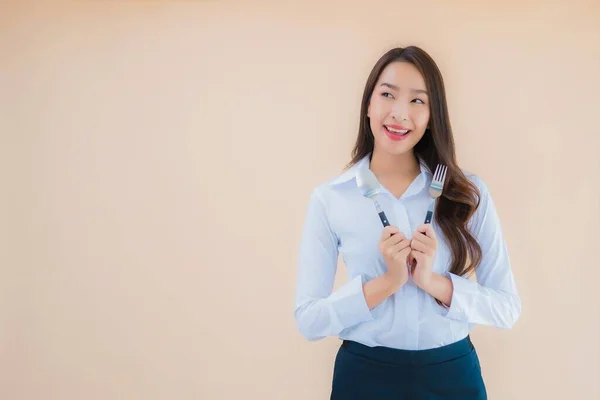 Portrait Beautiful Young Asian Business Woman Spoon Fork Ready Eat — Stock Photo, Image