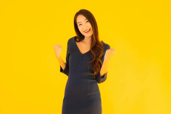 Portrait Beautiful Young Asian Woman Action Isolated Yellow Background — Stock Photo, Image