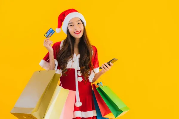 Portret Mooie Jonge Aziatische Vrouw Dragen Kerstmis Kleding Hoed Met — Stockfoto