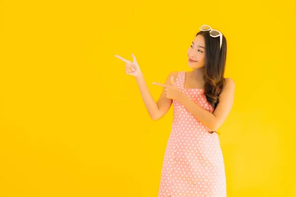 Portrait Beautiful Young Asian Woman Smile Happy Yellow Isolated Background — Stock Photo, Image
