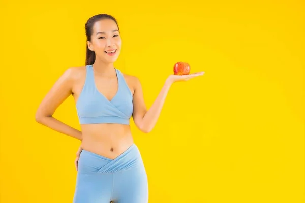 Portrait Beautiful Young Asian Woman Wear Sportwear Ready Exercise Apple — Stock Photo, Image