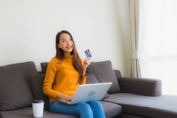 Portrait Young Asian Woman Using Laptop Computer Smart Mobile Phone — Stock Photo, Image