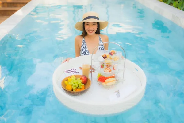 Portrait Beautiful Young Asian Woman Enjoy Afternoon Tea Breakfast Floating — Stock Photo, Image