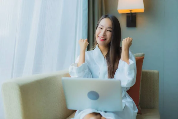 Portrait Beautiful Young Asian Woman Use Computer Laptop Sofa Living — Stock Photo, Image