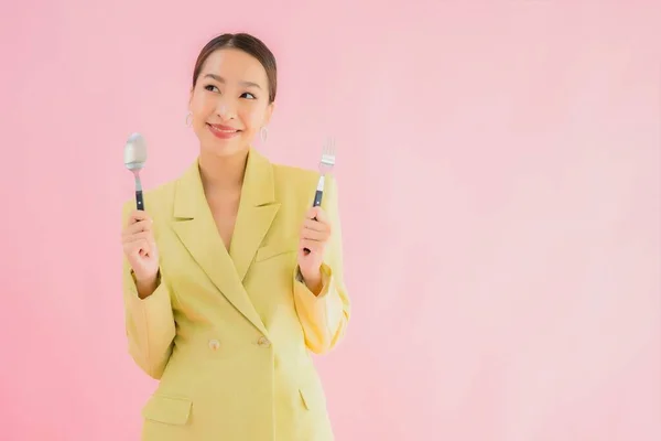 Portrait Beautiful Young Asian Business Woman Spoon Fork Ready Eat — Stock Photo, Image