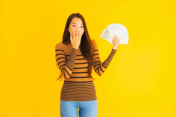 Portrait Beautiful Young Asian Woman Happy Smile Rich Lot Cash — Stock Photo, Image