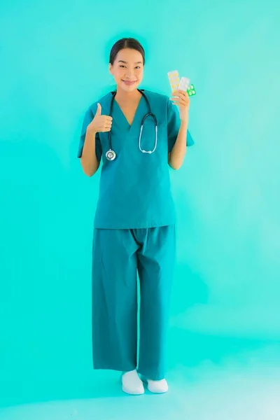 Portrait Beautiful Young Asian Doctor Woman Pill Drug Medicine Blue — Stock Photo, Image