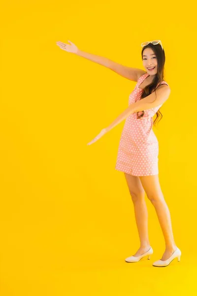 Portrait Beautiful Young Asian Woman Smile Happy Yellow Isolated Background — Stock Photo, Image