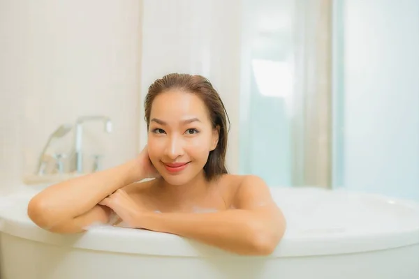 Portrait Beautiful Young Asian Woman Relax Smile Bathtub Bathroom Interior — Stock Photo, Image