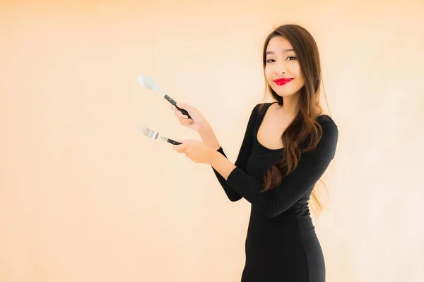 Retrato Hermosa Joven Asiática Mujer Con Cuchara Tenedor Listo Para — Foto de Stock