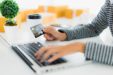 Güzel bir Asyalı kadının portresi online alışveriş malzemesi olarak dizüstü bilgisayarla kredi kartı kullanıyor.