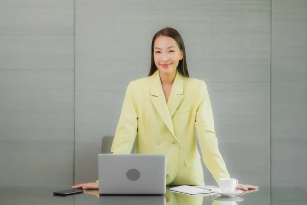 Portrait Beautiful Young Asian Woman Use Computer Laptop Smart Mobile — Stock Photo, Image