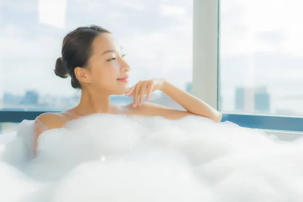 Portrait Beautiful Young Asian Woman Relax Enjoy Bathtub Bathroom Interior — Stock Photo, Image