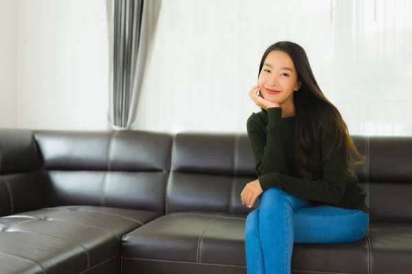 Beautiful Portrait Young Asian Woman Sit Relax Sofa Living Room — Stock Photo, Image
