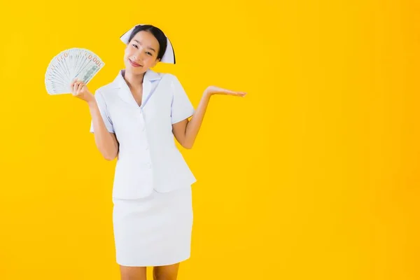 Portrait Beautiful Young Asian Woman Thai Nurse Lot Cash Money — Stock Photo, Image