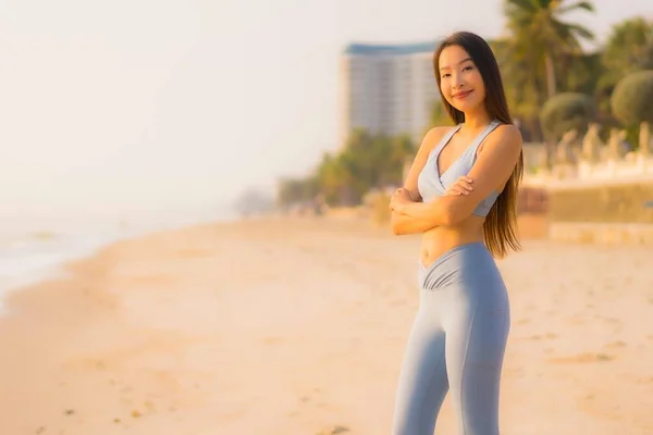 Porträt Sport Junge Asiatische Frau Bereiten Übung Oder Laufen Strand — Stockfoto