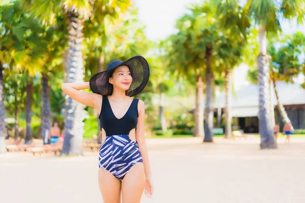 Portrait Beautiful Young Asian Women Relax Smile Happy Sea Beach — Stock Photo, Image