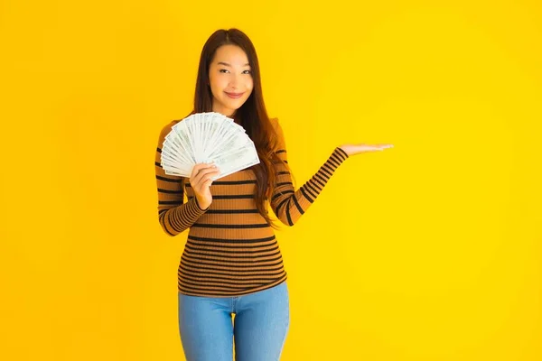 Portrait Beautiful Young Asian Woman Happy Smile Rich Lot Cash — Stock Photo, Image