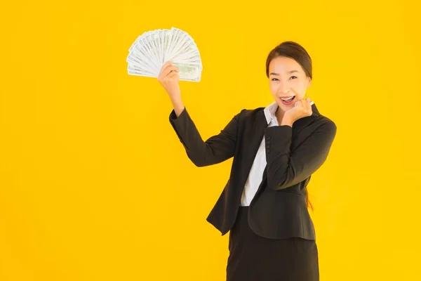 Beautiful Portrait Young Asian Woman Lot Monet Cash Yellow Isolated — Stock Photo, Image