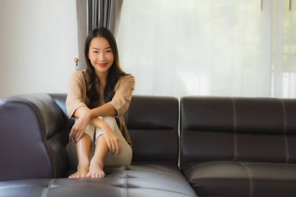 Portrait Beautiful Young Asian Woman Happy Smile Relax Sofa Living — Stock Photo, Image