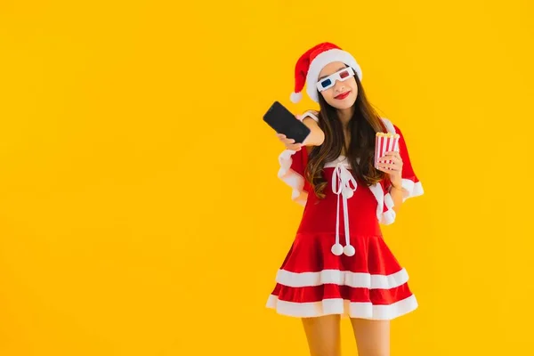 Portrait Beautiful Young Asian Woman Wear Christmas Clothes Hat Popcorn — Stock Photo, Image