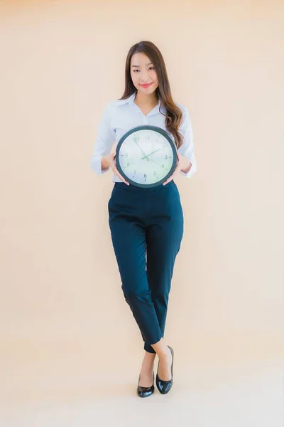 Portrait Beautiful Young Asian Woman Show Alarm Clock Isolated Color — Stock Photo, Image