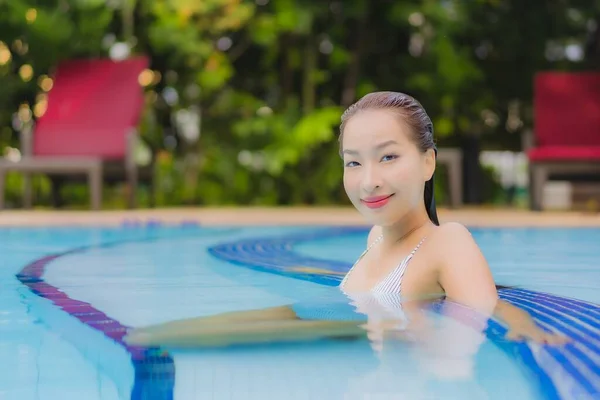 Portrait Beautiful Young Asian Woman Enjoy Relax Smile Leisure Outdoor — Stock Photo, Image