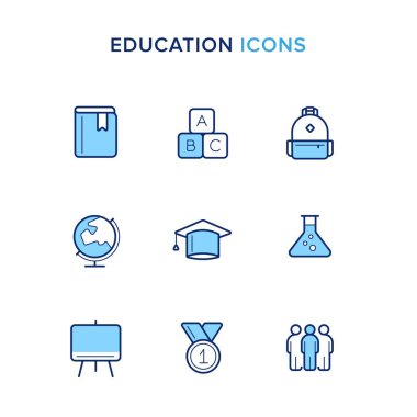 Eğitim Simgesi Seti. Kitap, Abc Blokları, Sırt Çantası, Küre, Mezuniyet Şapkası, Laboratuvar, Kurul, Madalya, Öğrenciler - Vektör gibi simgeleri içerir