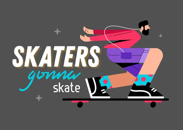 Ilustrasi skater pada latar belakang abu-abu dengan skater prasasti akan meluncur - Stok Vektor