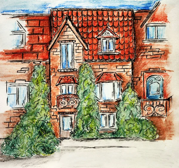 building drawing sketch pencil art design illustration children\'s multi-colored brick house trees plot window drawing green blue brown paper paint
