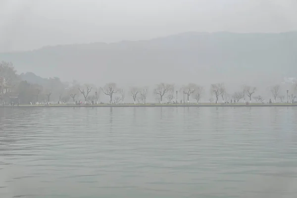 Hermoso Lago Xihu Lago Oeste Con Niebla Niebla Temporada Invierno — Foto de Stock