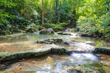 Derin orman şelale erawan Milli Parkı Kanchanaburi'deki/daki oteller Tayland doğa seyahat