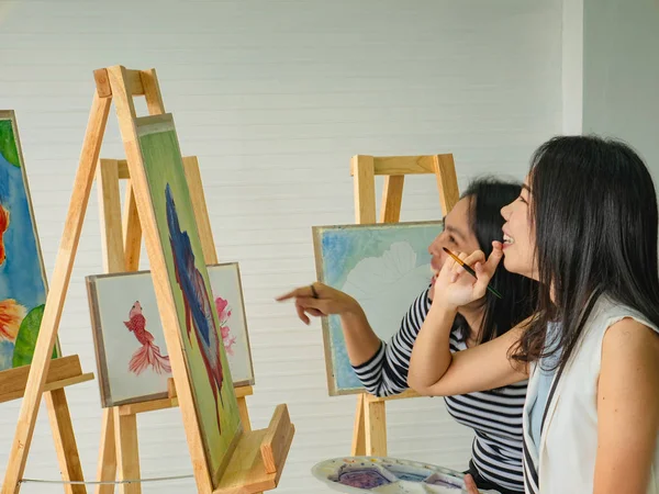 Two Young Asian Woman Artist Dawning While Useing Ideas Think — Stock Photo, Image