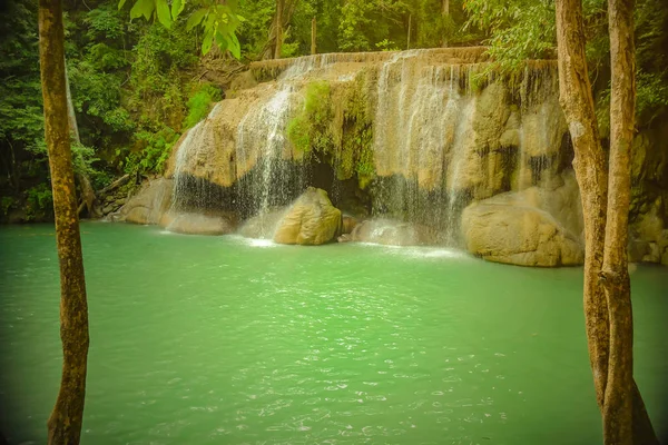 Deep Forest Waterfall Erawan National Park Kanchanaburi Thailand Nature Travel — стоковое фото