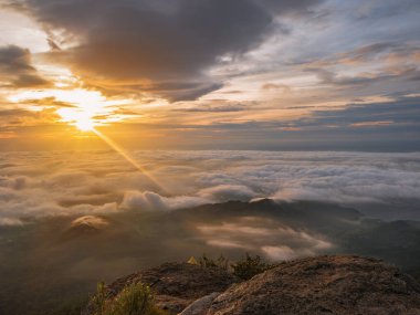 Sukhothai bölgesindeki Ramkhamhaeng Ulusal Parkı 'ndaki Khao Luang Dağı' nda sabah sisli bir deniz ile güzel bir gün doğumu.