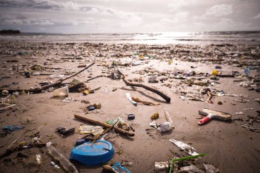 Plastik madde ve atık ile kirli Beach