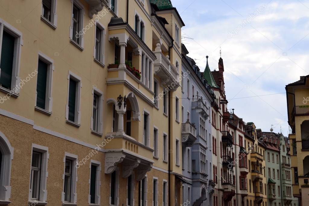 Colorful buildings on the street of Italian city Bolzano