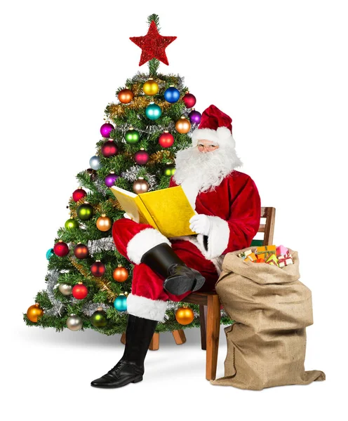 Tradycyjny Czerwony Biały Mikołaj Czytanie Złotej Księgi Torba Prezent Krześle — Zdjęcie stockowe