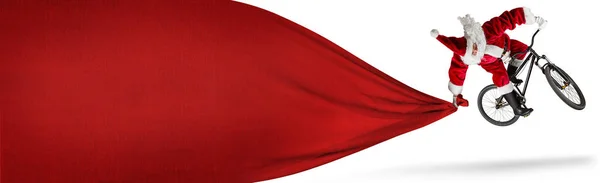 Šílený Skok Santa Claus Horských Motorka Velké Obrovské Červené Tašce — Stock fotografie