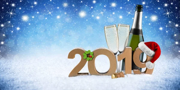 Noel Baba Şapkalı Mutlu Yıllar Dört Yapraklı Yonca Şampanya Şişesi — Stok fotoğraf