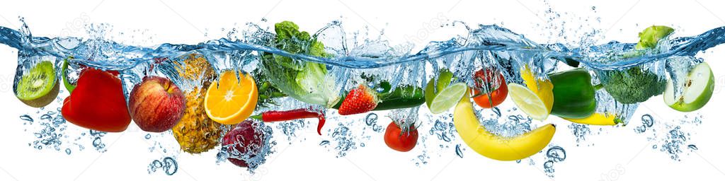 fresh multi fruits and vegetables splashing into blue clear wate