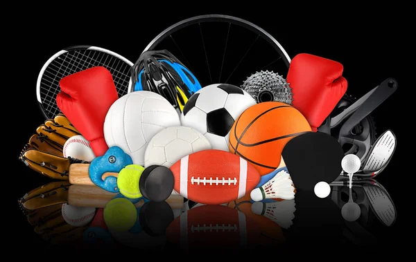 Pilha enorme coleção de bola esporte equipamento de engrenagem de vários — Fotografia de Stock