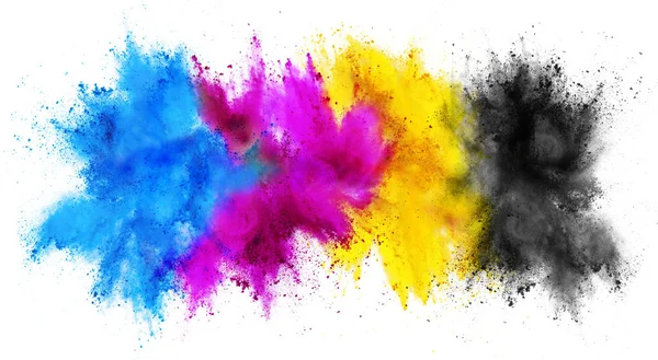 Colorful CMYK cyan magenta yellow key holi paint color powder ex — Stock Photo, Image