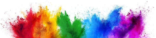 Holi πολύχρωμο ουράνιο τόξο χρώμα χρώμα σε σκόνη έκρηξη απομονωμένο μόριο — Φωτογραφία Αρχείου