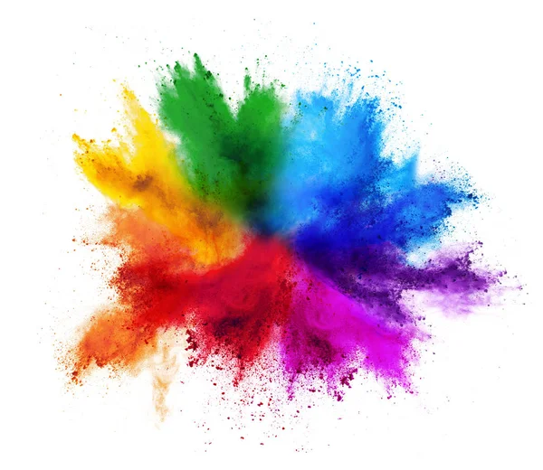 Colorful rainbow holi paint color powder explosion isolated whit — Stock Photo, Image