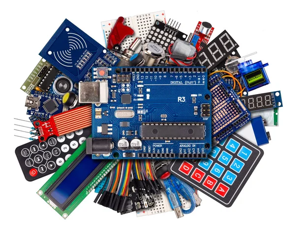 Collage of microcontroller board display sensor button switches — Stock Photo, Image